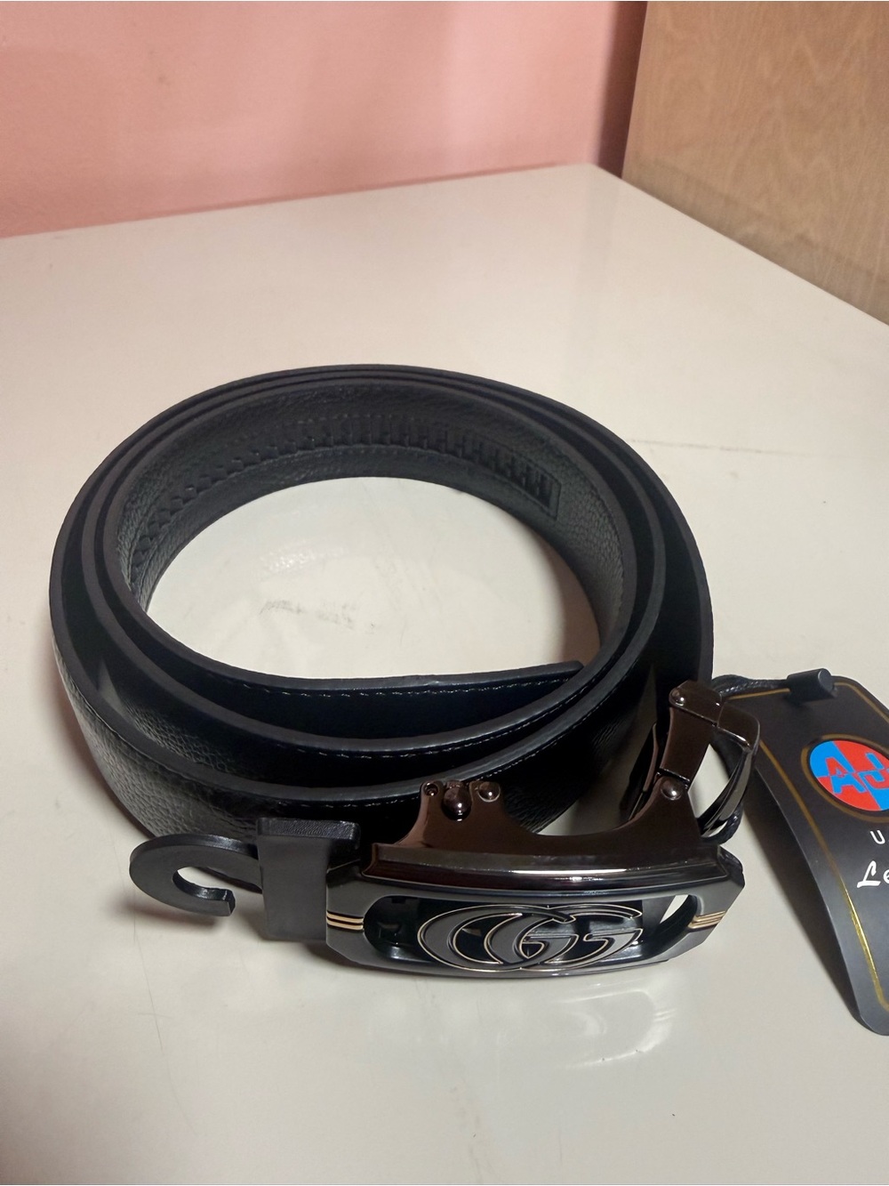 Men's Black Leather Belt with Glossy Silver Buckle size 42-44 easy cut smaller